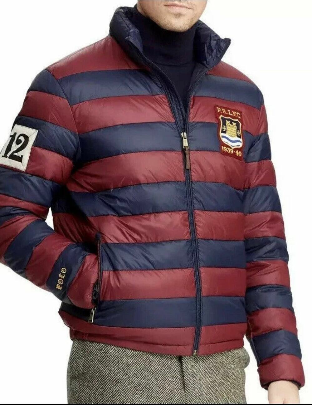 POLO Ralph Lauren Rugby Down Puffer Jacket Sz Small Navy Burgundy Striped